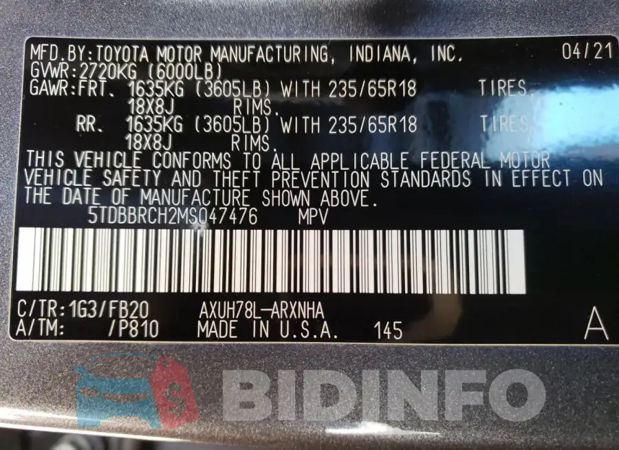 5TDBBRCH2MS047476 Photo# 14