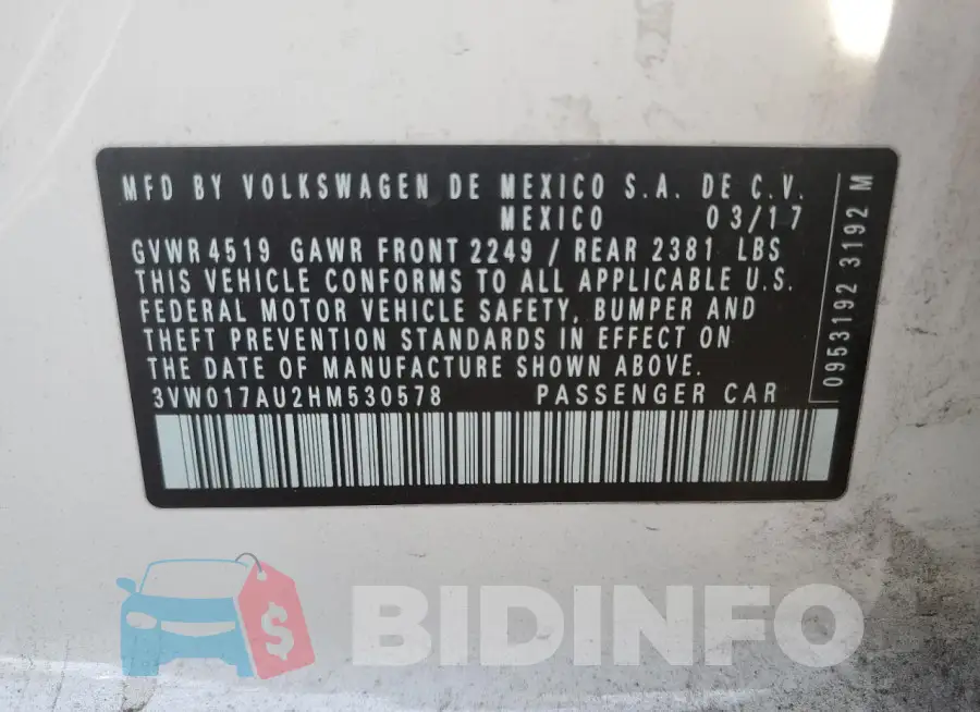 3VW017AU2HM530578 Photo# 12