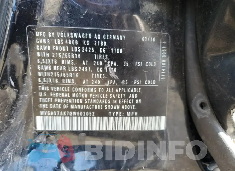 WVGAV7AX7GW602052 Photo# 13