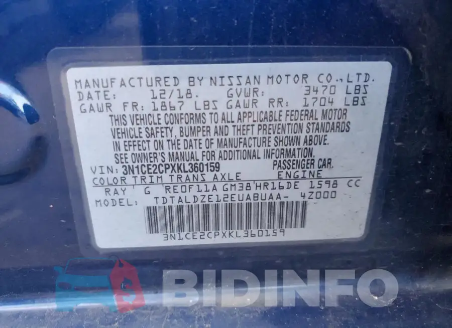 3N1CE2CPXKL360159 Photo# 13