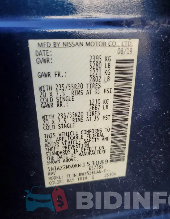 5N1AZ2MS0KN153089 Photo# 13