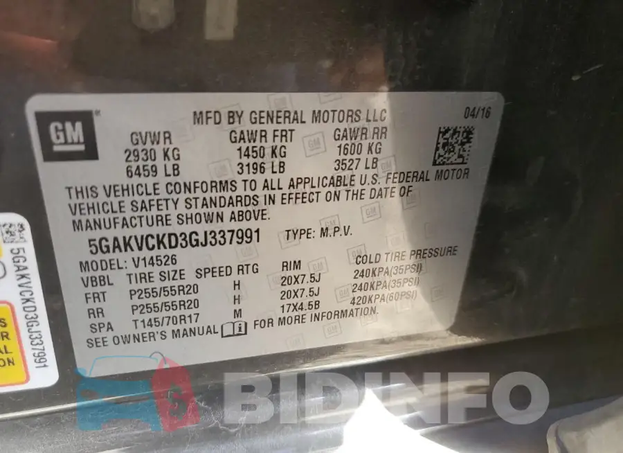 5GAKVCKD3GJ337991 Photo# 13