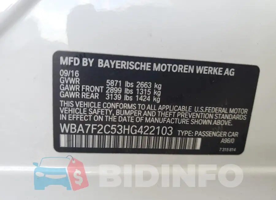 WBA7F2C53HG422103 Photo# 12