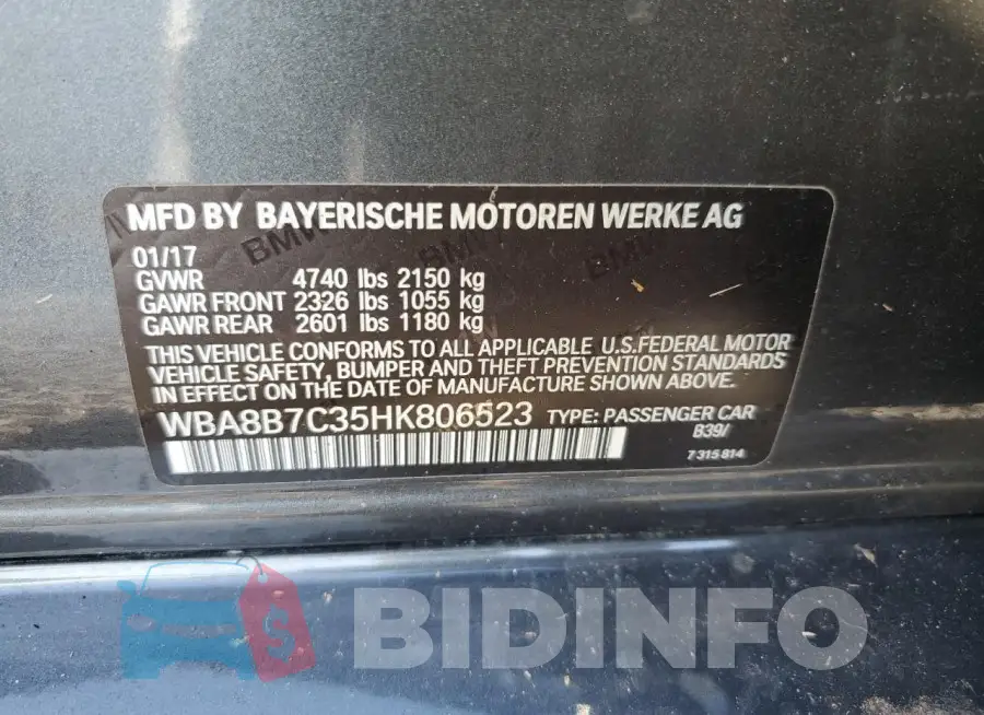 WBA8B7C35HK806523 Photo# 12
