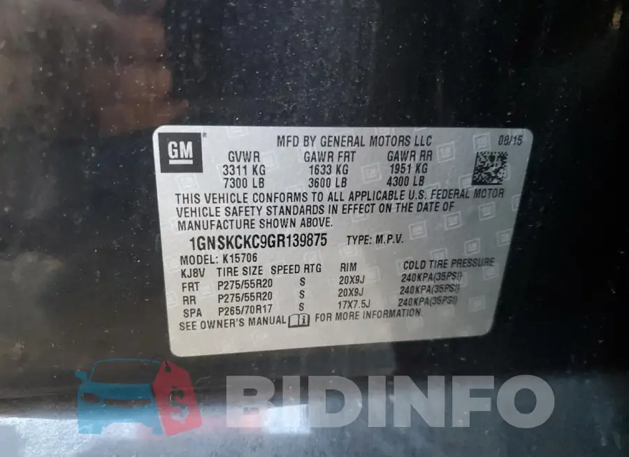 1GNSKCKC9GR139875 Photo# 13