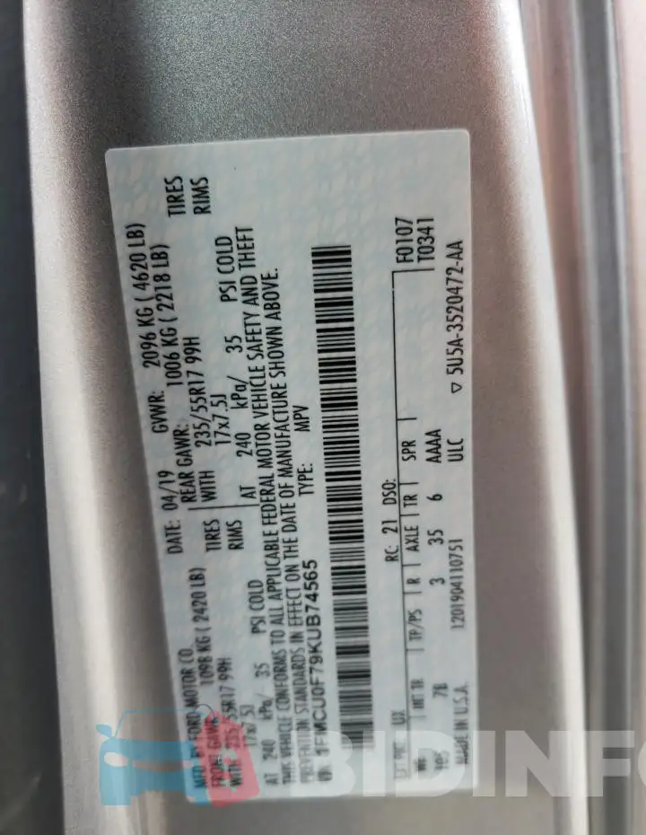 1FMCU0F79KUB74565 Photo# 12