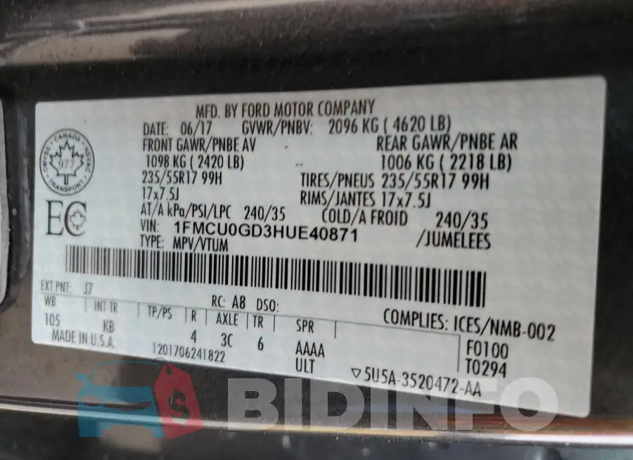 1FMCU0GD3HUE40871 Photo# 14