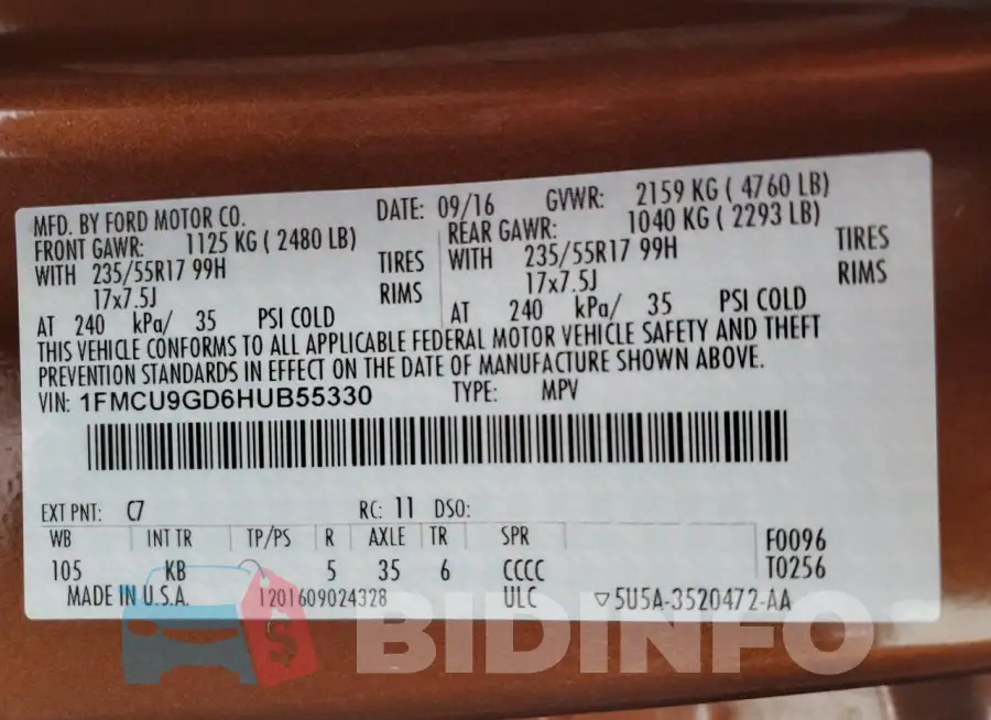 1FMCU9GD6HUB55330 Photo# 13
