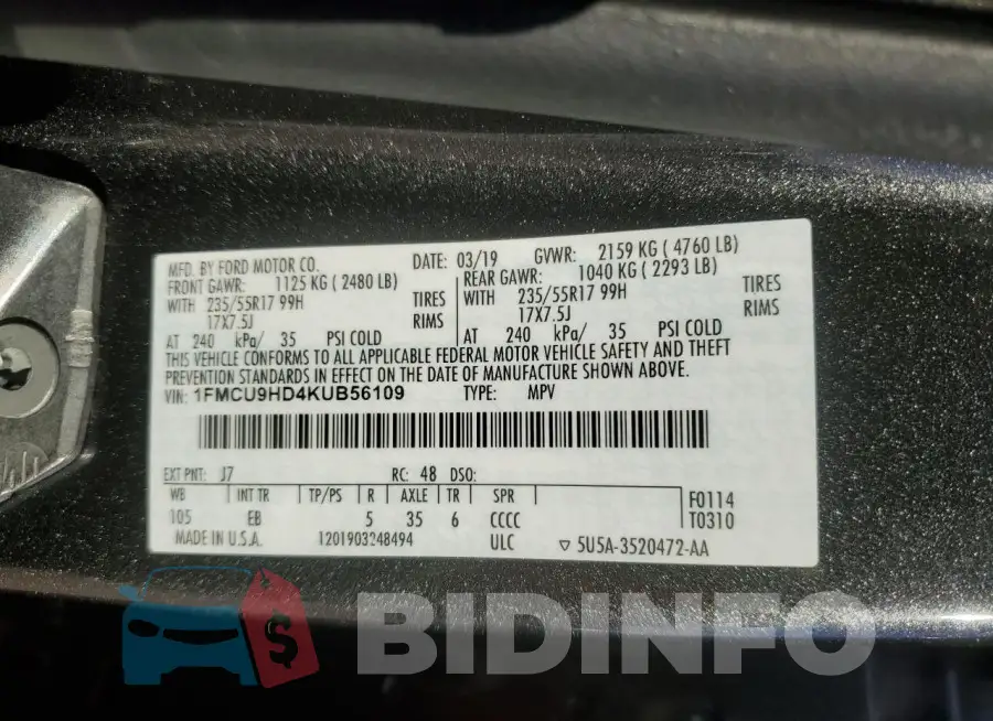 1FMCU9HD4KUB56109 Photo# 13
