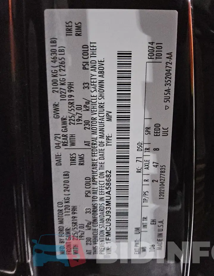 1FMCU9J93MUA58682 Photo# 13