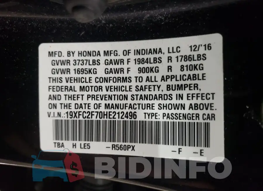19XFC2F70HE212496 Photo# 12