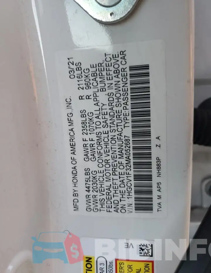 1HGCV1F32MA052687 Photo# 12