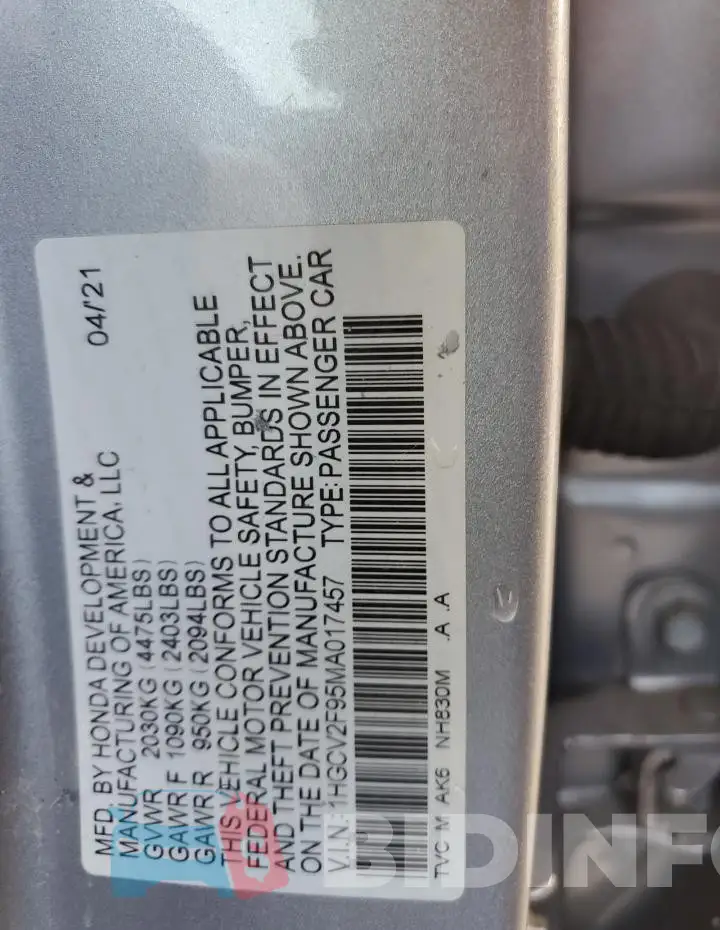 1HGCV2F95MA017457 Photo# 12