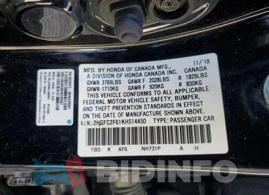 2HGFC2F61KH514450 Photo# 13