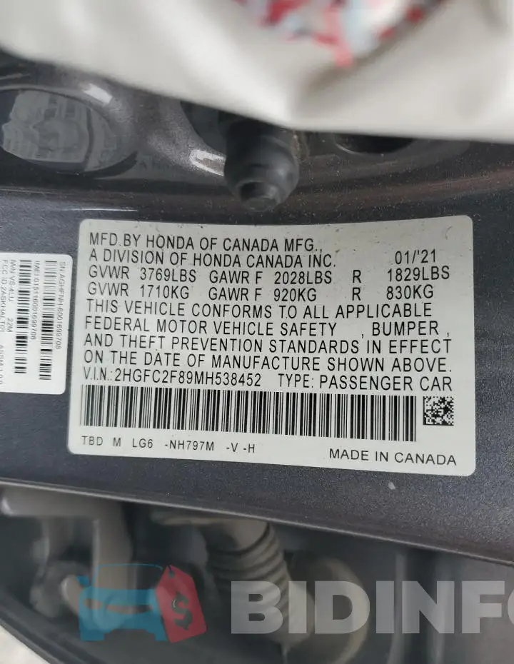 2HGFC2F89MH538452 Photo# 12