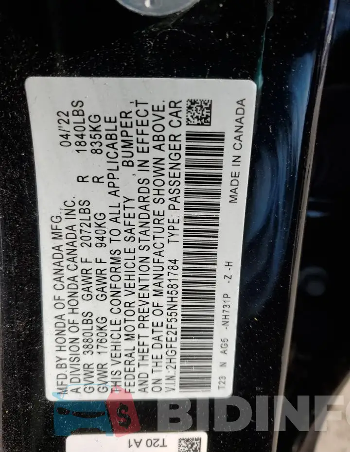 2HGFE2F55NH581784 Photo# 12