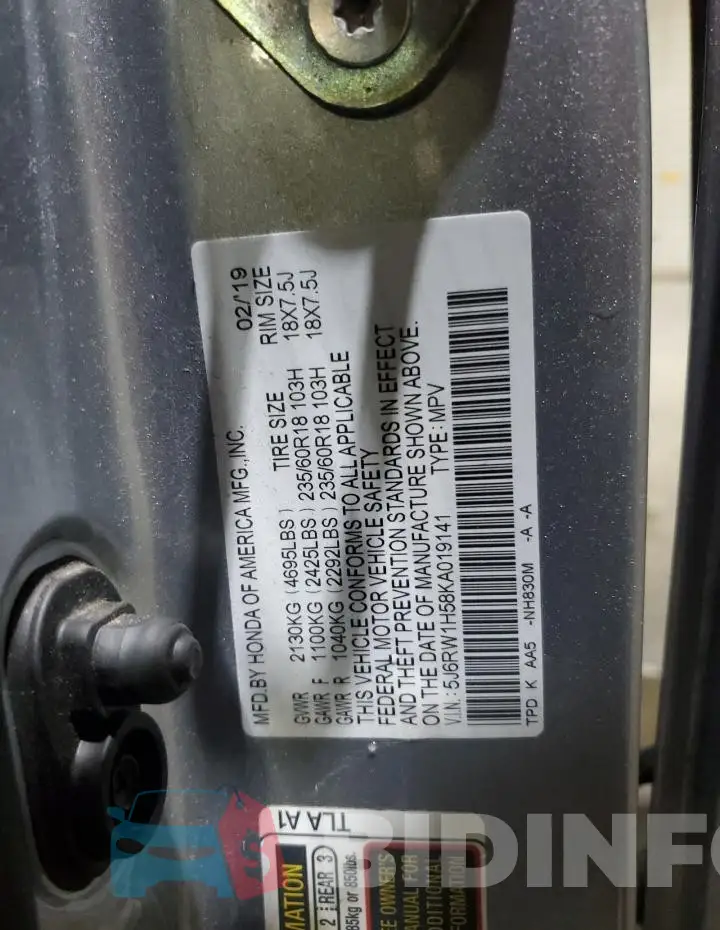 5J6RW1H58KA019141 Photo# 12