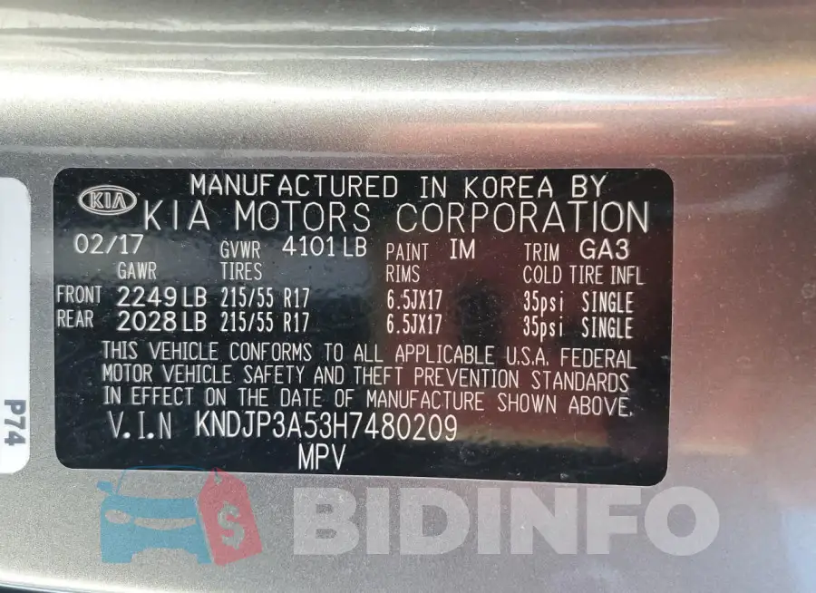 KNDJP3A53H7480209 Photo# 14