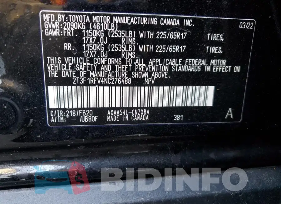 2T3F1RFV4NC276488 Photo# 13