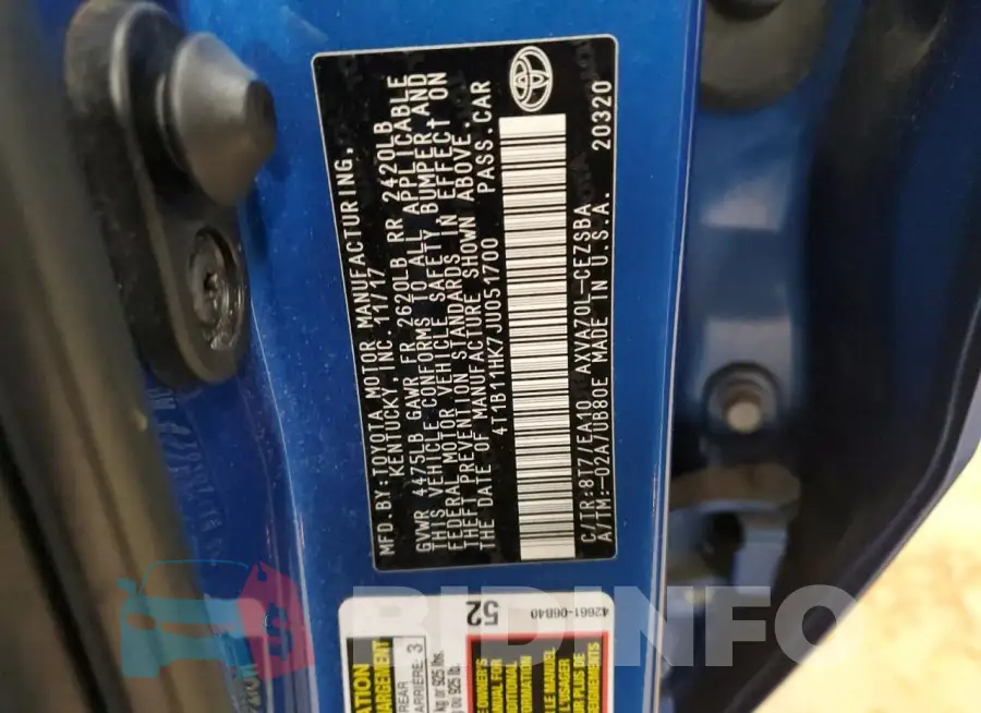 4T1B11HK7JU051700 Photo# 12