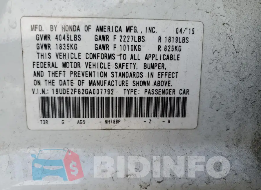 19UDE2F82GA007792 Photo# 12
