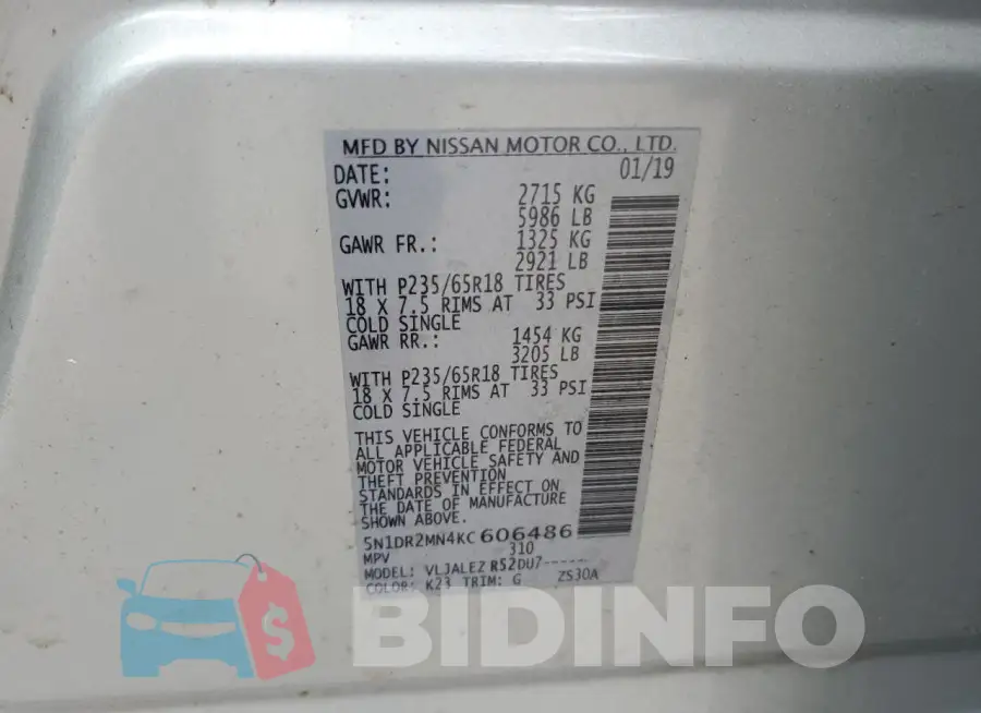 5N1DR2MN4KC606486 Photo# 13