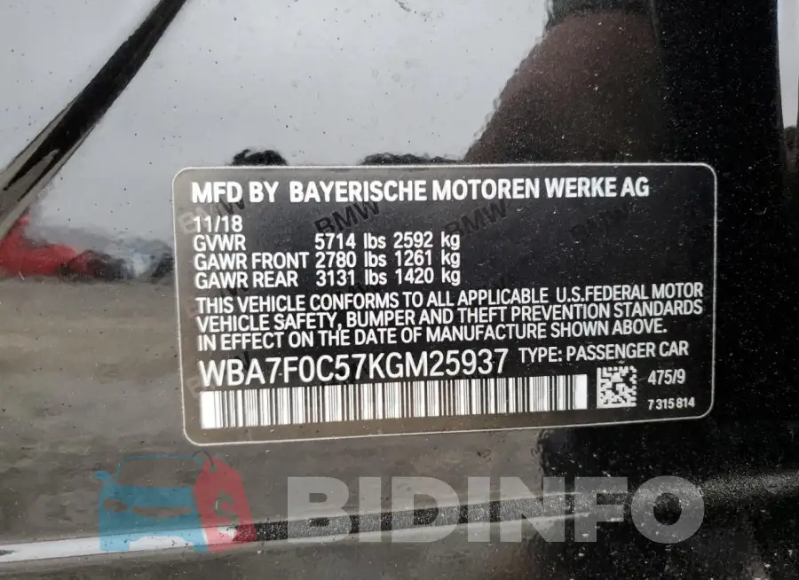 WBA7F0C57KGM25937 Photo# 12