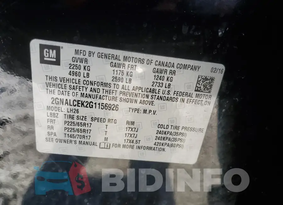 2GNALCEK2G1156926 Photo# 14