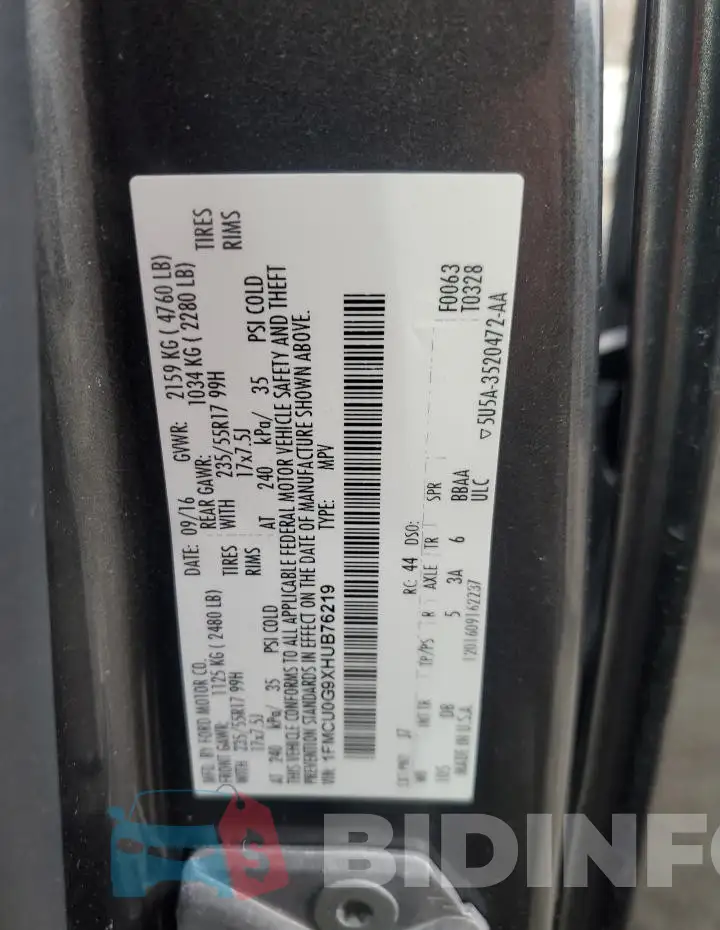 1FMCU0G9XHUB76219 Photo# 13