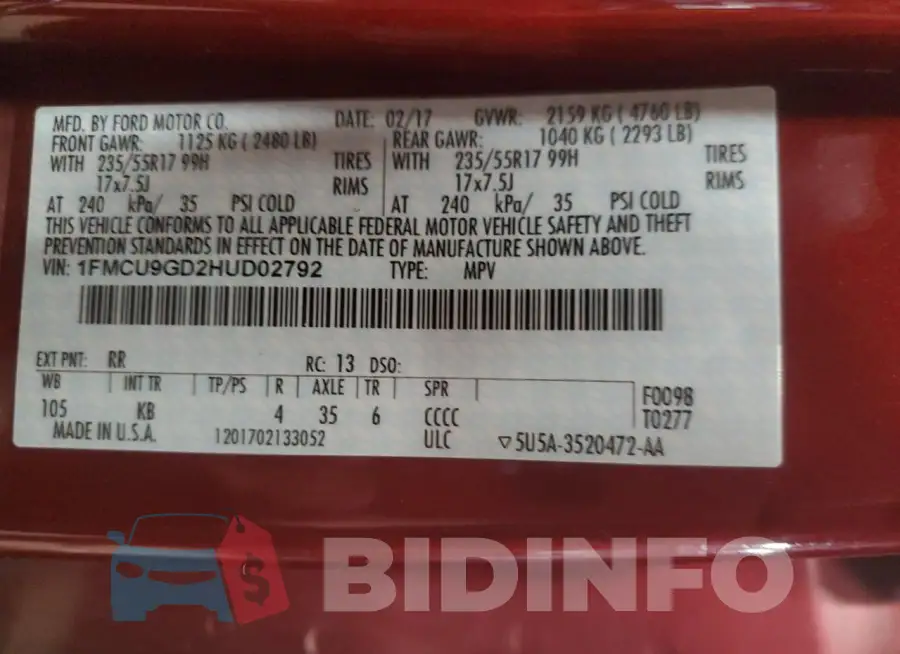 1FMCU9GD2HUD02792 Photo# 13
