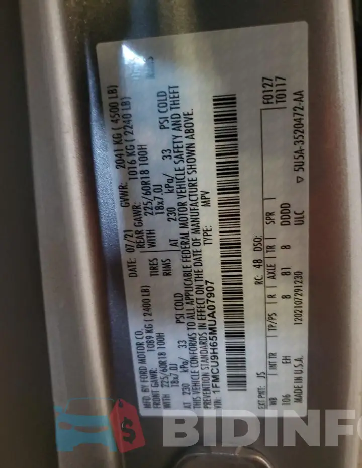 1FMCU9H65MUA07907 Photo# 13