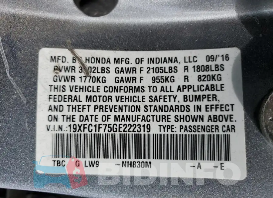 19XFC1F75GE222319 Photo# 12