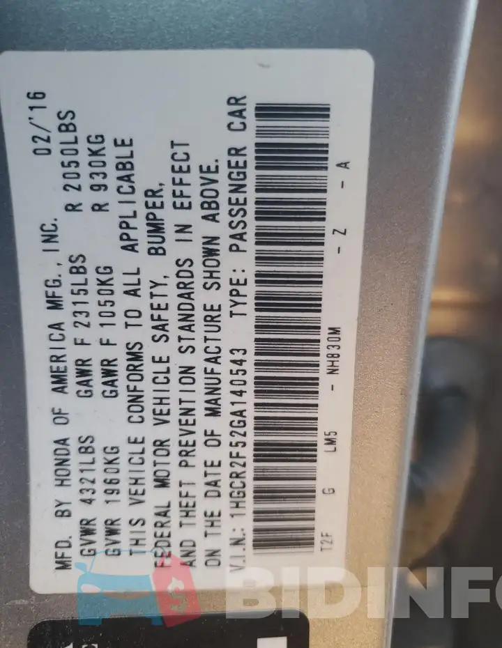 1HGCR2F52GA140543 Photo# 12