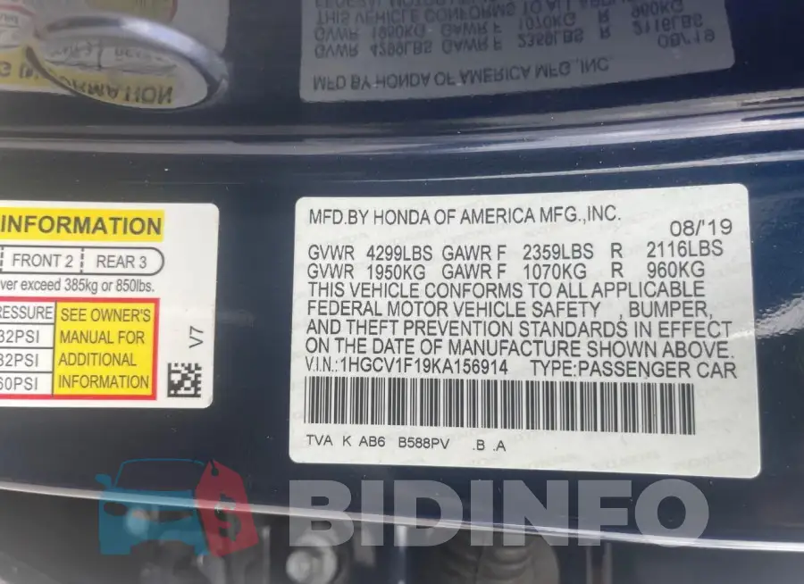 1HGCV1F19KA156914 Photo# 10