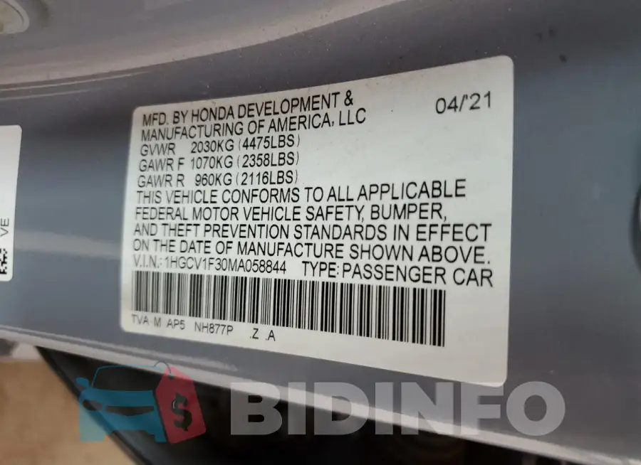 1HGCV1F30MA058844 Photo# 12