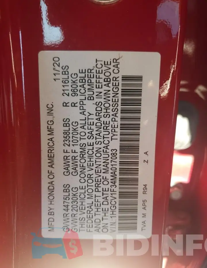 1HGCV1F34MA017083 Photo# 12