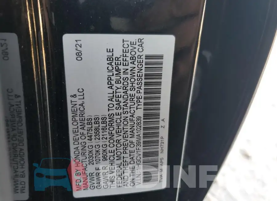 1HGCV1F39MA102839 Photo# 12
