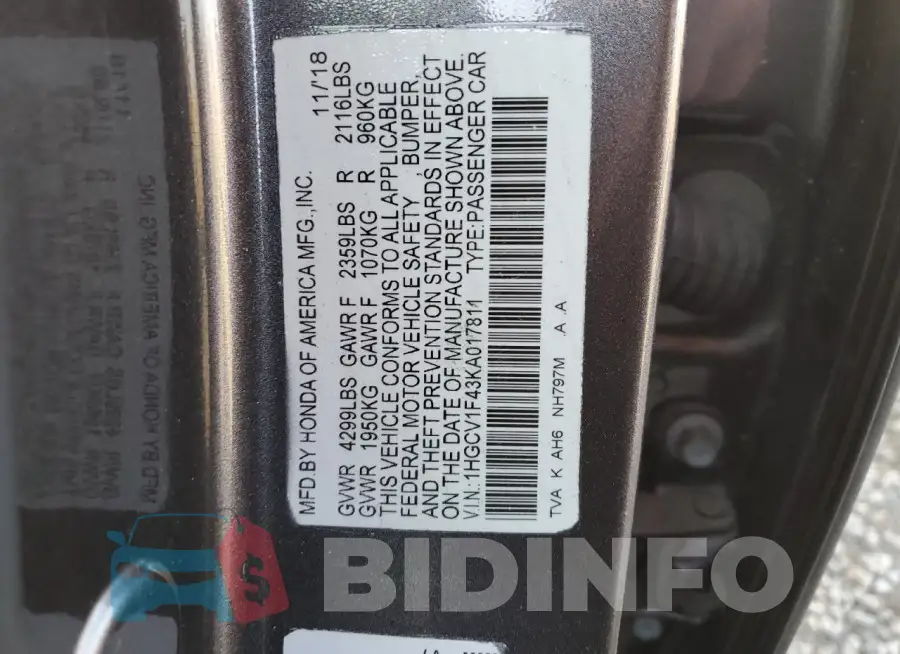 1HGCV1F43KA017811 Photo# 12