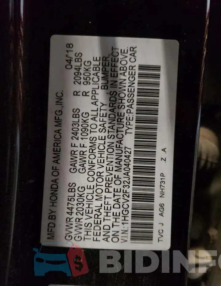 1HGCV2F32JA040427 Photo# 12