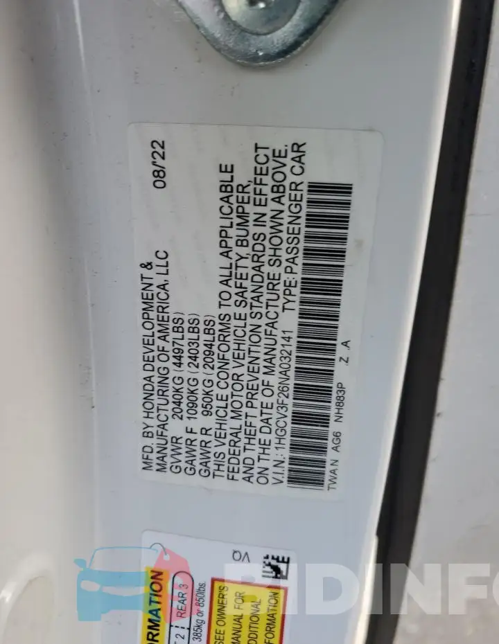 1HGCV3F26NA032141 Photo# 12