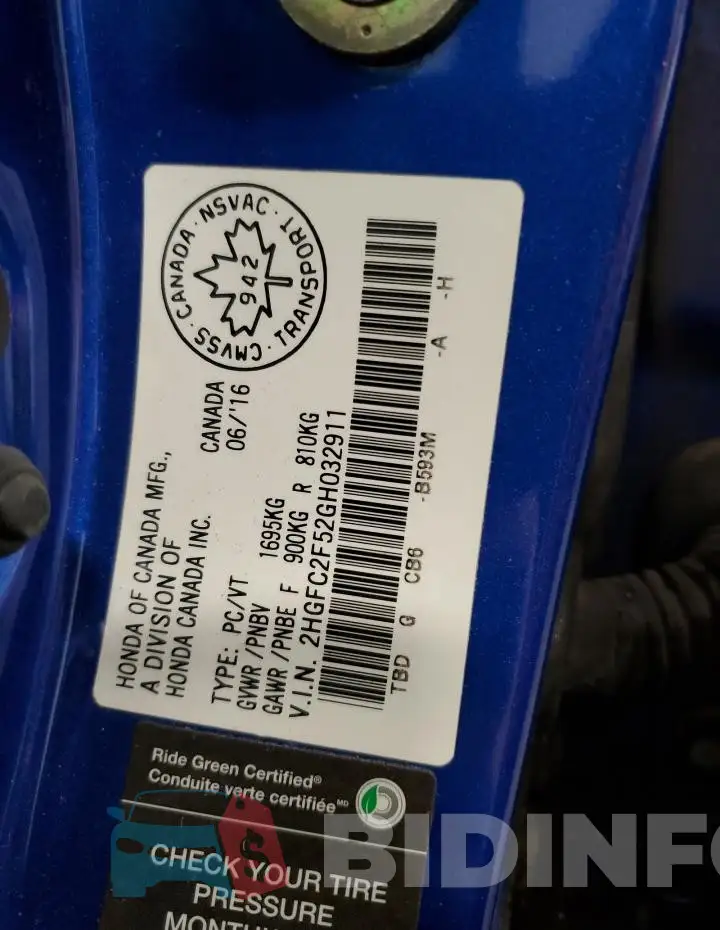 2HGFC2F52GH032911 Photo# 13