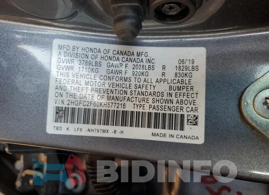 2HGFC2F60KH577216 Photo# 12