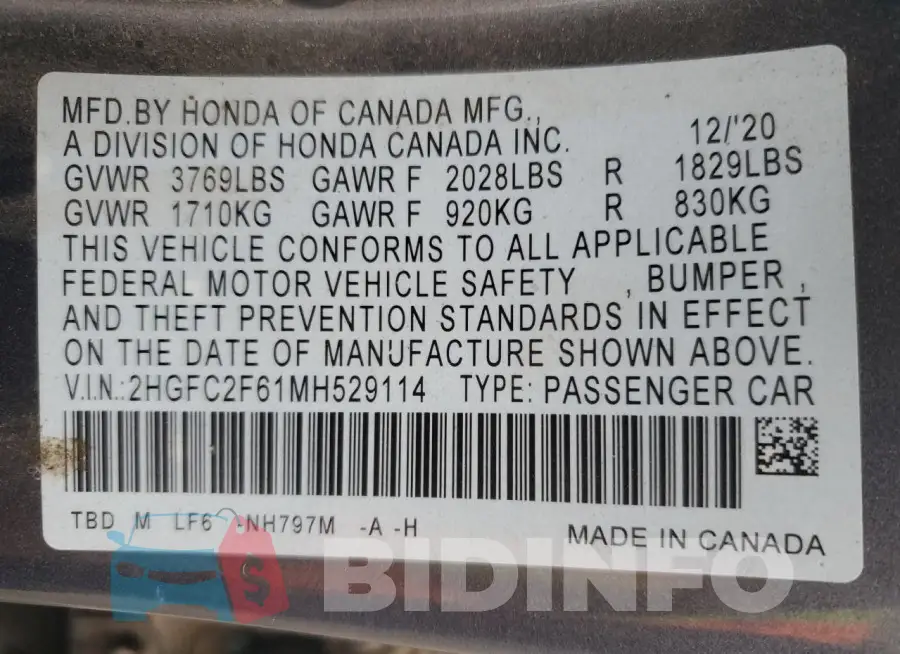 2HGFC2F61MH529114 Photo# 12