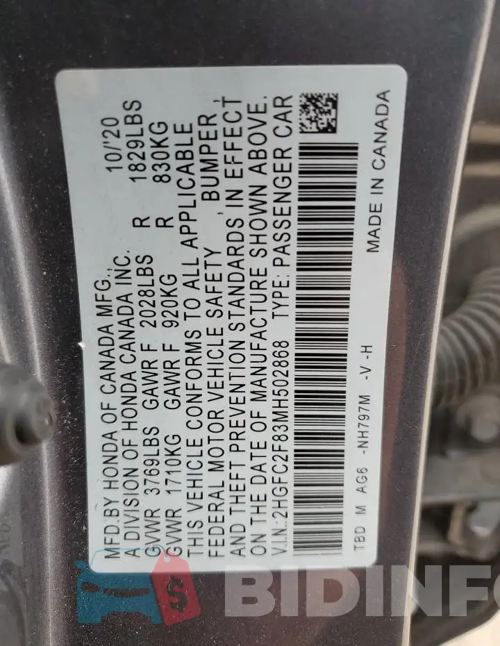 2HGFC2F83MH502868 Photo# 13