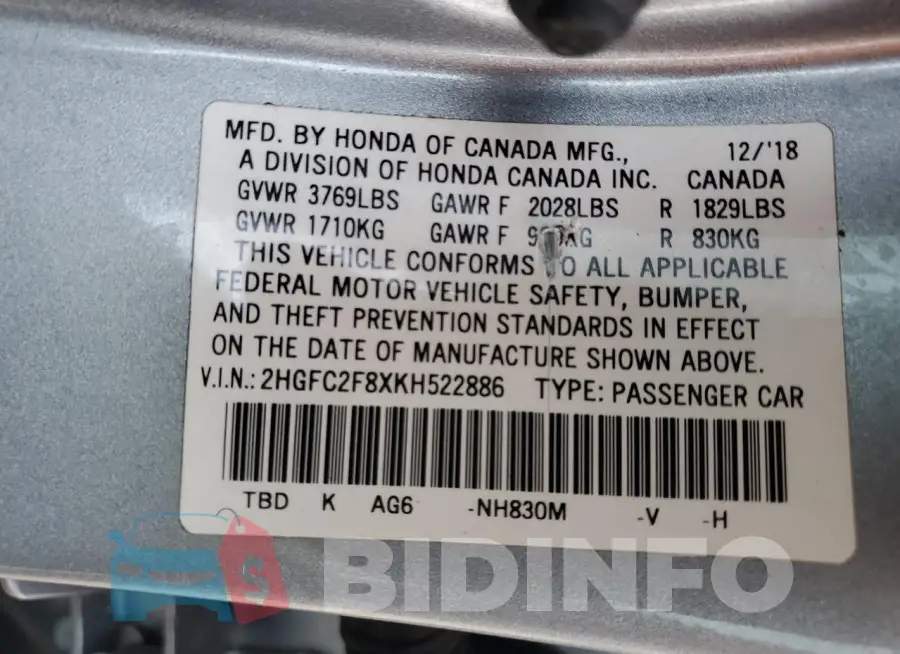 2HGFC2F8XKH522886 Photo# 12
