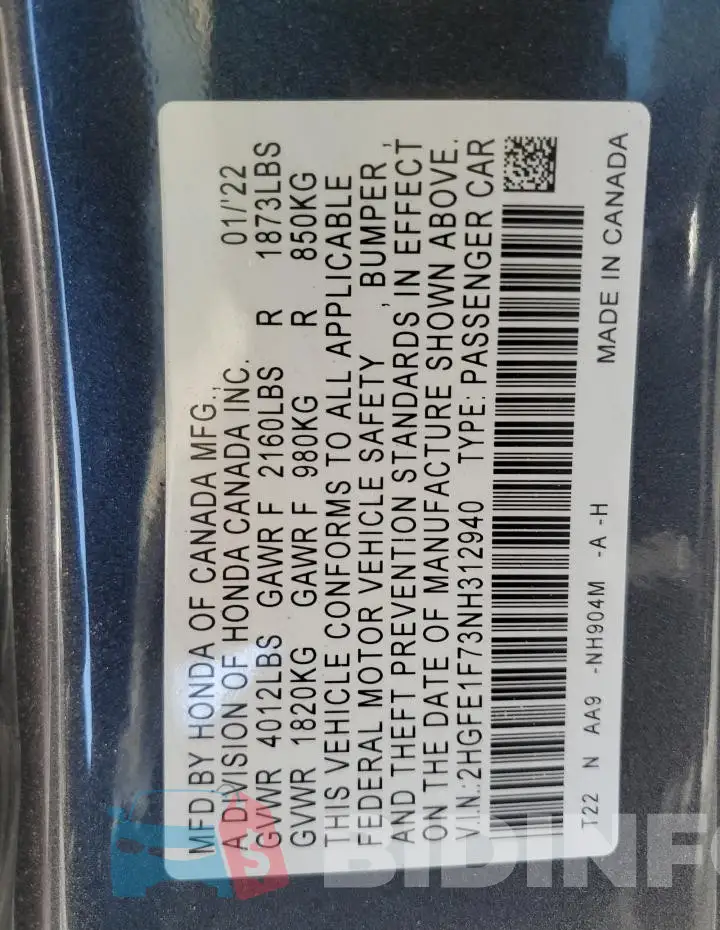 2HGFE1F73NH312940 Photo# 12