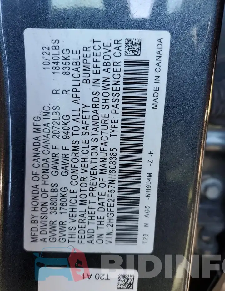 2HGFE2F57NH608385 Photo# 12