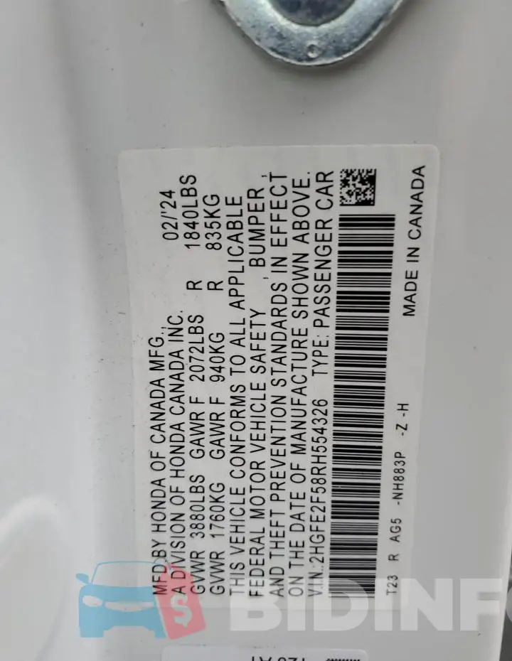 2HGFE2F58RH554326 Photo# 12