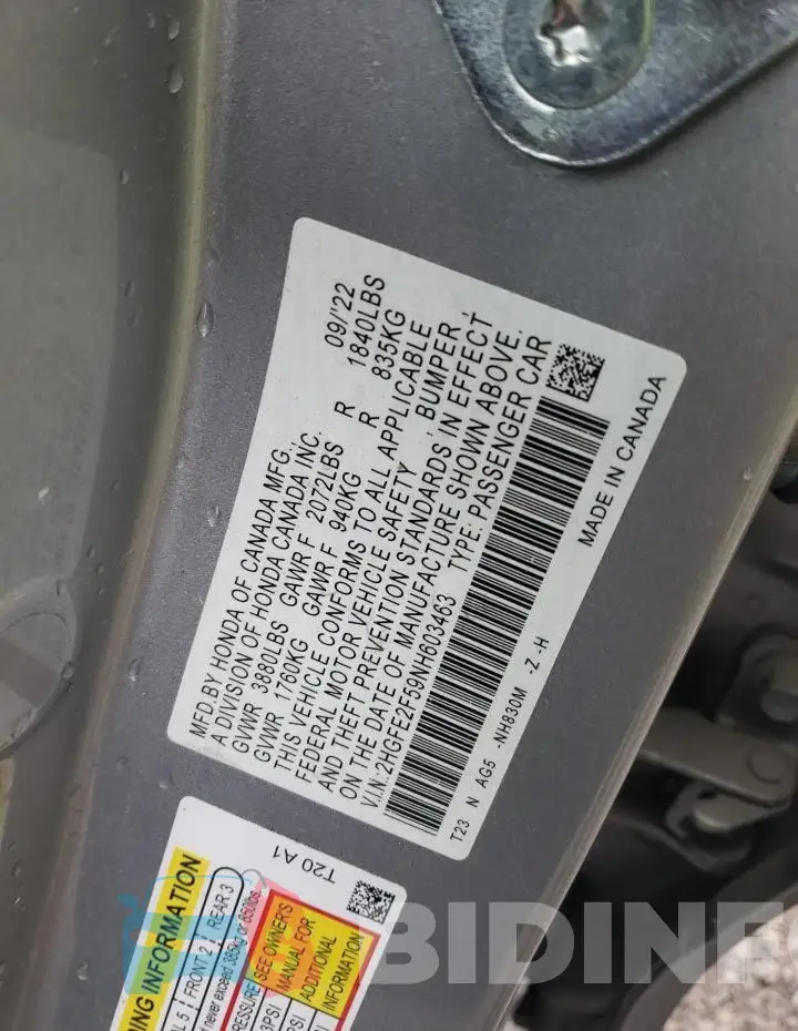 2HGFE2F59NH603463 Photo# 12