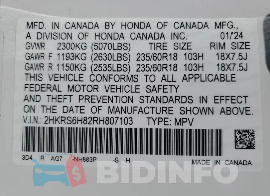 2HKRS6H82RH807103 Photo# 14